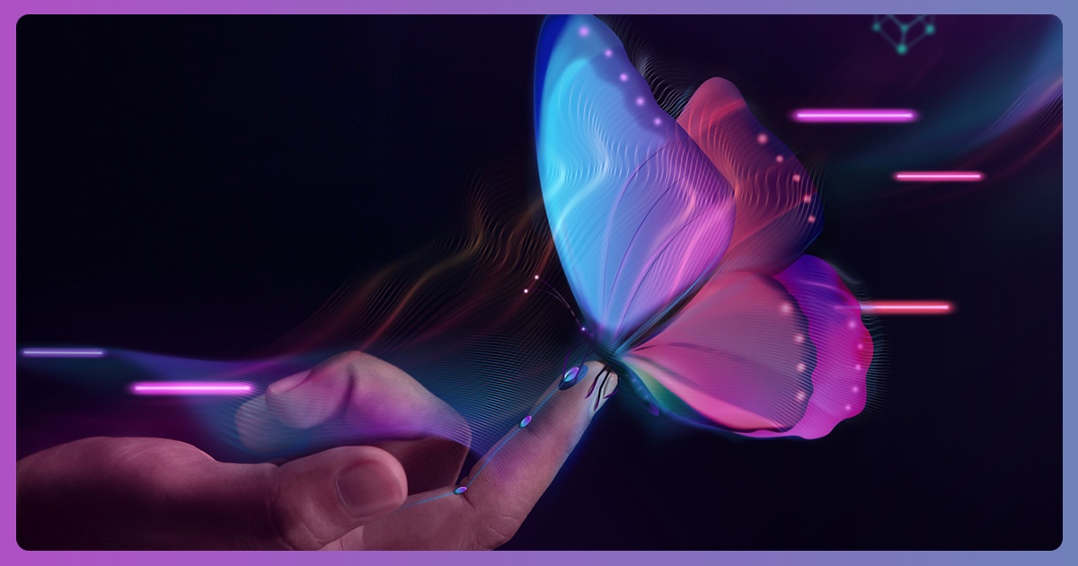 graphic depicting a digitized butterfly landing on an outstretched finger